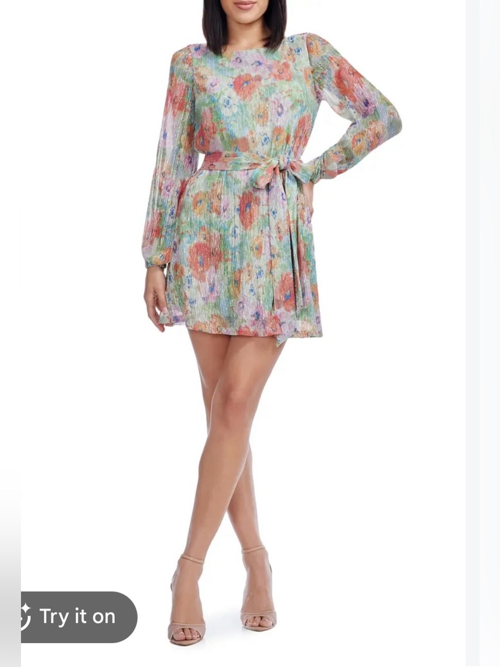 Dress the Population Floral, Shimmery Long Sleeve Mini Dress